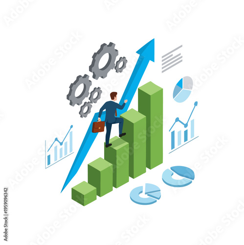 Wallpaper Mural Businessman climbing growth chart with arrow and gears. Torontodigital.ca
