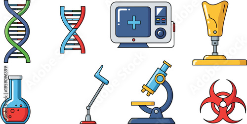 Medical Science and Laboratory Icon Set Featuring DNA Structure, Microscope, Prosthetic Leg, Biohazard Symbol and Chemistry Equipment Isolated on White Background