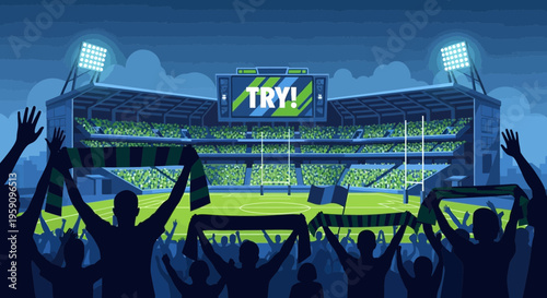 Excited Crowd Celebrates a Successful Play in a Stadium at Night, Cheering Loudly