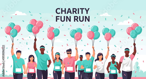 Excited Community Participates In Charity Fun Run Event With Colorful Balloons
