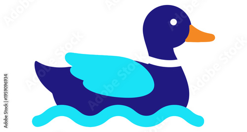 Stylized Mallard Duck Swimming on Wavy Water Surface Flat Design Illustration