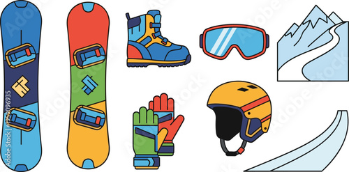 Snowboarding Equipment Icon Set Featuring Snowboards, Boots, Goggles, Helmet, Gloves and Mountain Slope Elements Isolated on White Background for Winter Sports Design