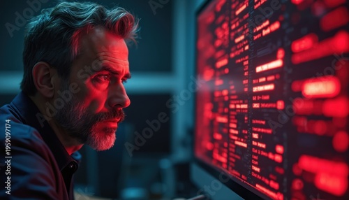 Man with beard stares at monitor with red code. Computer screen glows intensely. Digital data displayed on display. IT worker analyzes system. Cyber security threat warning.