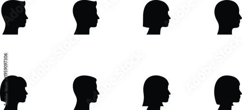 Set of eight black vector silhouette profile faces featuring diverse male and female side views for graphic design editing and user account avatars