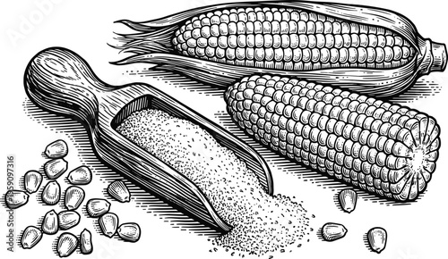 Engraved illustration of ripe corn cobs and kernels in a wooden scoop