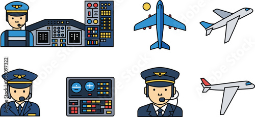 Aviation and Pilot Icon Set Featuring Airplane Views, Cockpit Controls and Pilot Characters Isolated on White Background for Air Travel and Flight Design