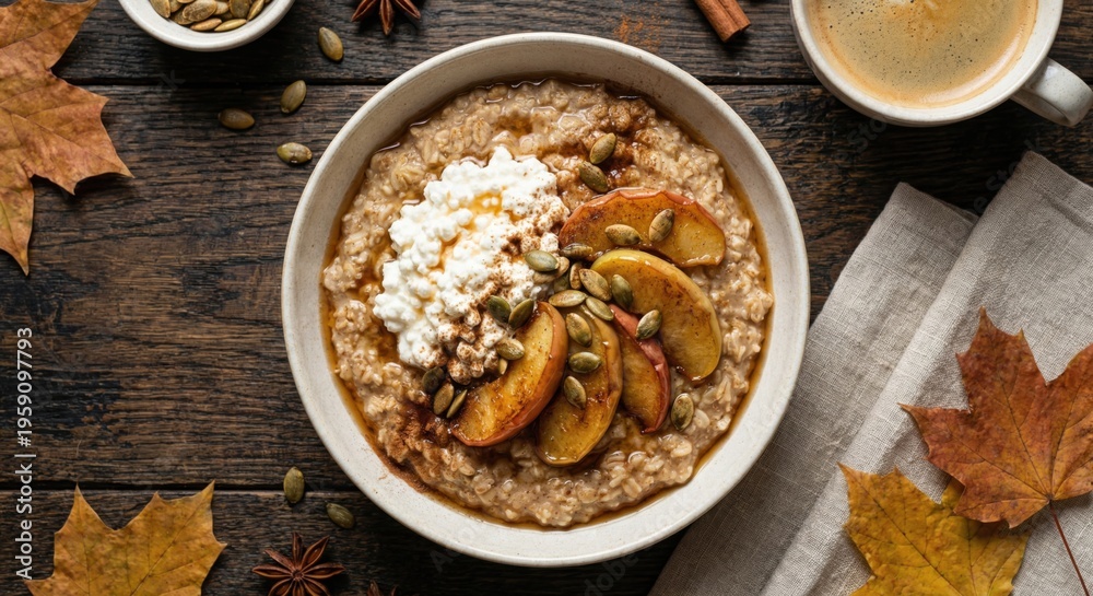 Fototapeta premium Autumn oatmeal bowl with caramelized apples and pumpkin seeds