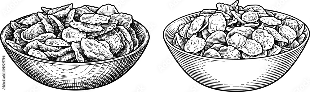 Fototapeta premium Cereal flakes in bowls vector illustration hand drawn engraving style