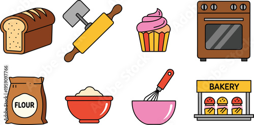 Bakery and Baking Icon Set Featuring Bread, Cupcake, Oven, Flour, Dough Mixing Tools and Dessert Elements Isolated on White Background for Food Design Projects
