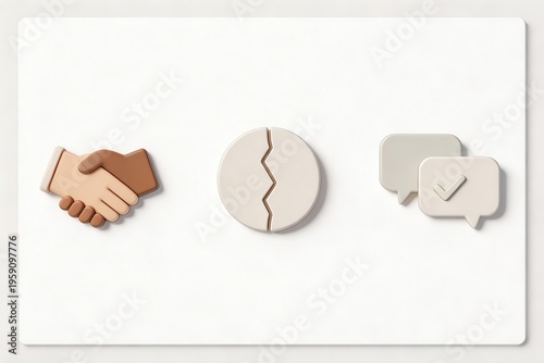 Conceptual illustration of collaboration showcasing a handshake symbolizing unity a fractured circle representing conflict alongside communication bubbles highlighting dialogue clarity and