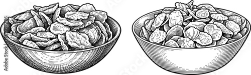 Cereal flakes in bowls vector illustration hand drawn engraving style