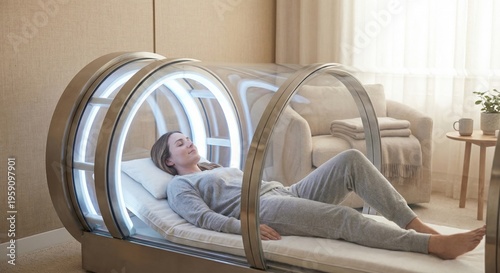 Relaxed woman reclining in hyperbaric oxygen therapy chamber