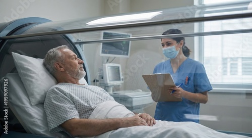Elderly patient in hyperbaric oxygen chamber with nurse