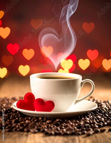 A steaming cup of coffee, shaped like a heart, surrounded by love