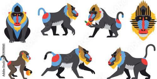 Foto Colorful Mandrill Monkey Character Set in Flat Vector Style Featuring Different