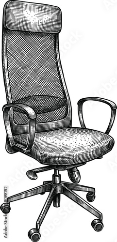 Modern ergonomic office mesh chair engraving style vector illustration