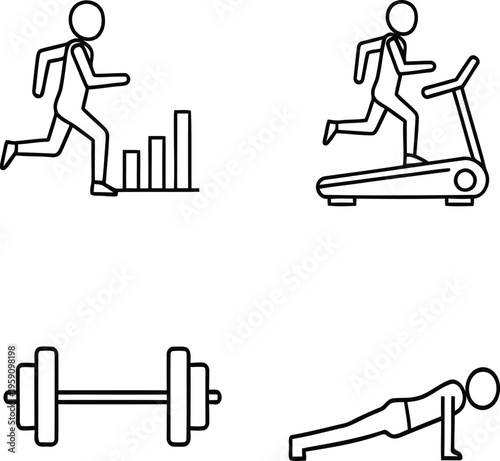 Fitness and exercise icons depicting running cardio strength training and progress
