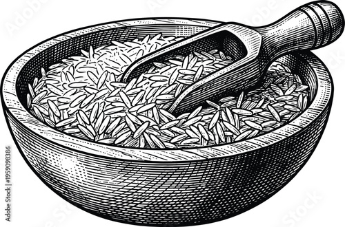 Bowl of basmati rice with a wooden scoop in a vintage woodcut style