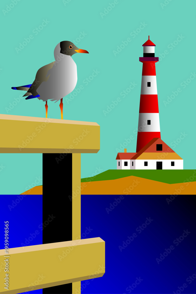 Fototapeta premium Minimalist vector illustration of a seagull perched on a wooden pier overlooking a red and white striped lighthouse on a distant island.