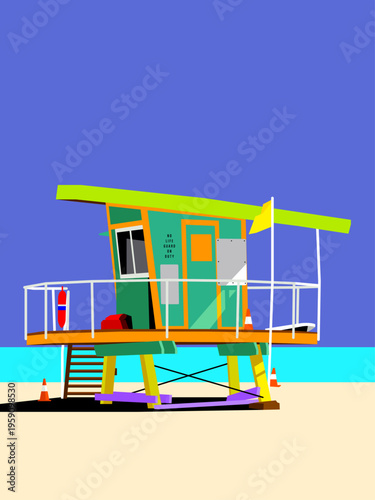 Minimalist vector illustration of a colorful lifeguard tower on a sunny beach with flat design aesthetics.