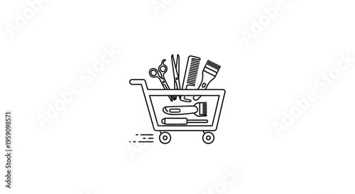 Shopping Cart Full of Barber Tools: Clippers, Scissors, Comb, Brush - Online Shopping Concept