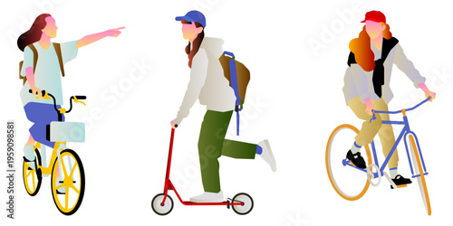 Vector illustration of young people using eco-friendly urban transport, including bicycles and a kick scooter, in a flat minimalist style with colorful gradients.