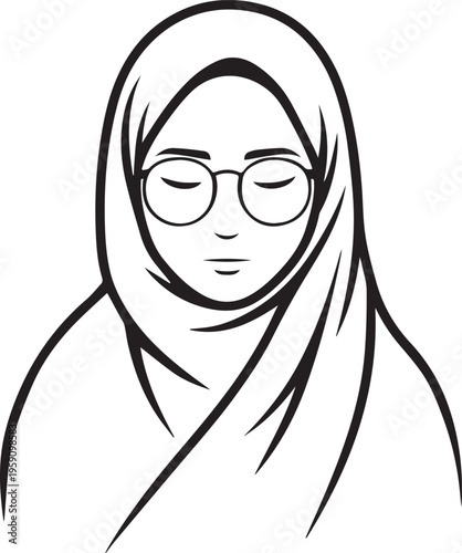 Hand Drawn Woman Wearing Hijab Black and White Avatar Illustration in Minimal Solid Art Style Design