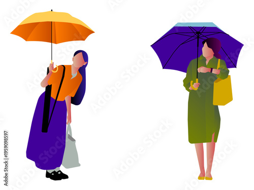 Flat vector illustration of two women standing with umbrellas, one in an orange top and purple skirt looking up, and the other in a green trench coat checking her watch.