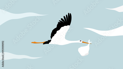 Stork carrying baby, flat color vector illustration