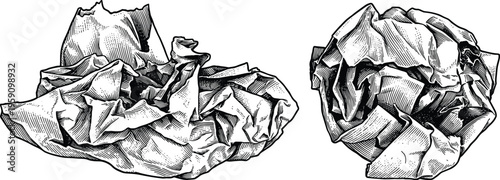Crumpled paper trash balls in hand drawn woodcut style vector design