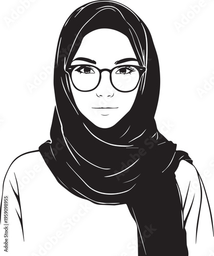 Hand Drawn Woman Wearing Hijab Black and White Avatar Illustration in Minimal Solid Art Style Design