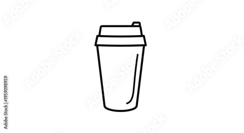 Simple black and white line drawing of a disposable coffee cup with lid, isolated on white background.
