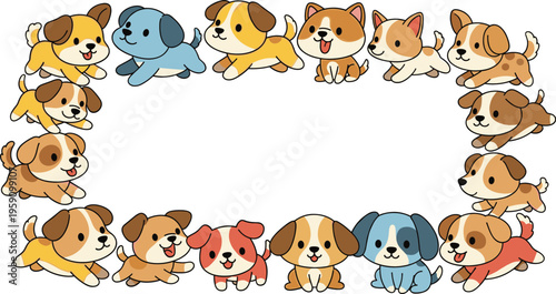 Cute puppy dog circle frame with playful cartoon pets, adorable vector illustration of different dog breeds forming round composition isolated on white