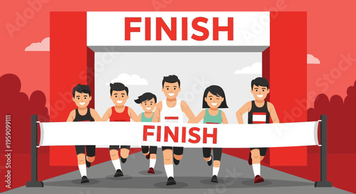 Excited Runners Crossing Finish Line Together Celebrating Victory Diverse Group