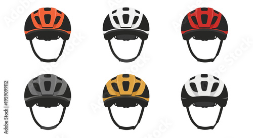 A group of 2D flat-style icons representing protective cycling helmets in various colors like blue, purple, yellow, and green. Ideal for sports safety campaigns, bike rental apps, and outdoor activity