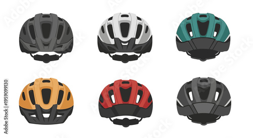 A group of 2D flat-style icons representing protective cycling helmets in various colors like blue, purple, yellow, and green. Ideal for sports safety campaigns, bike rental apps, and outdoor activity