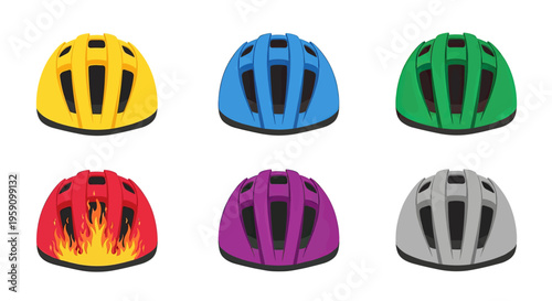 A group of 2D flat-style icons representing protective cycling helmets in various colors like blue, purple, yellow, and green. Ideal for sports safety campaigns, bike rental apps, and outdoor activity