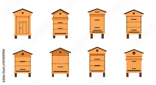 A set of 2D flat-style icons representing various wooden beehives for beekeeping. Isolated on a white background, these graphics are perfect for agricultural apps, honey production explainers, and nat