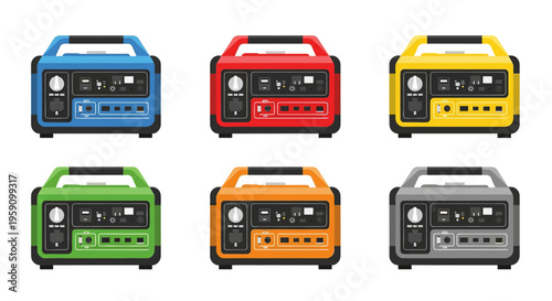 A set of 2D flat-style icons representing portable power stations and battery generators with various ports and handles. Perfect for camping gear reviews, emergency power explainers, and outdoor techn
