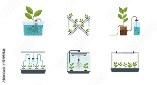A set of 2D flat-style icons representing indoor farming technology, including hydroponic pipes and aeroponic growth chambers. Ideal for agrotech apps, sustainable farming explainers, and smart garden