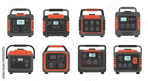 A set of 2D flat-style icons representing portable power stations and battery generators with various ports and handles. Perfect for camping gear reviews, emergency power explainers, and outdoor techn