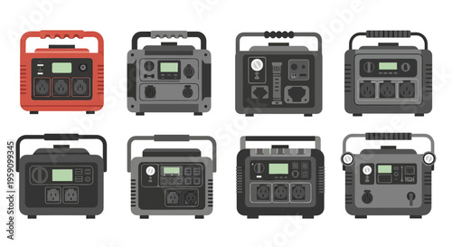 A set of 2D flat-style icons representing portable power stations and battery generators with various ports and handles. Perfect for camping gear reviews, emergency power explainers, and outdoor techn