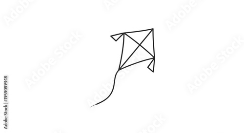 Simple Black Line Drawing of a Kite Flying on White Background