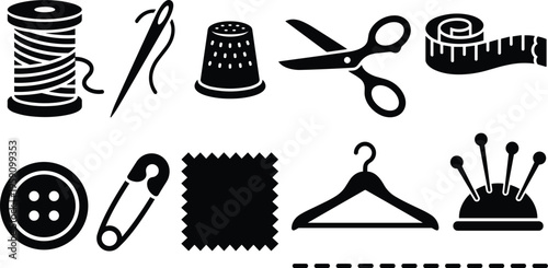 Sewing and tailoring objects black silhouette icons