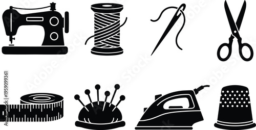 Sewing tools and supplies black silhouette icons