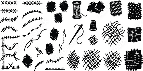 Sewing repair kit with patches and stitches for garment restoration