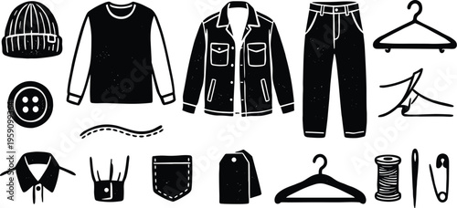 Clothing items and sewing supplies black silhouette icons