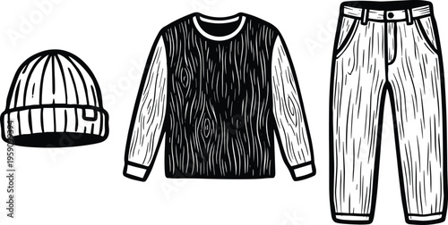 Winter apparel collection featuring knit hat and sweater with pants