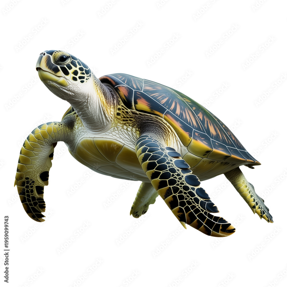 Obraz premium A sea turtle swimming in the ocean with a colorful shell isolated on transparent background