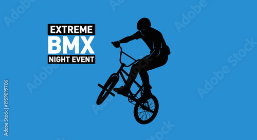 Extreme BMX Night Event Silhouette Captures Dramatic Action Against Vibrant Blue Background